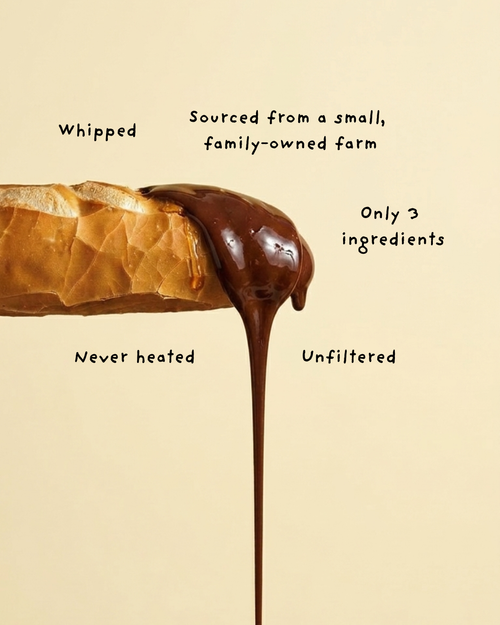 A close-up of whipped cream being drizzled over a slice of toasted bread, with handwritten text around it reading 'Whipped', 'Sourced from a small, family-owned farm', 'Only 3 ingredients', 'Never heated', and 'Unfiltered' on a warm beige background.